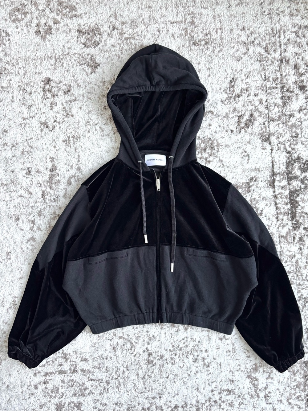 The Kooples x Sport Archival Cropped Velour/Velvet Zip Black Hoodie